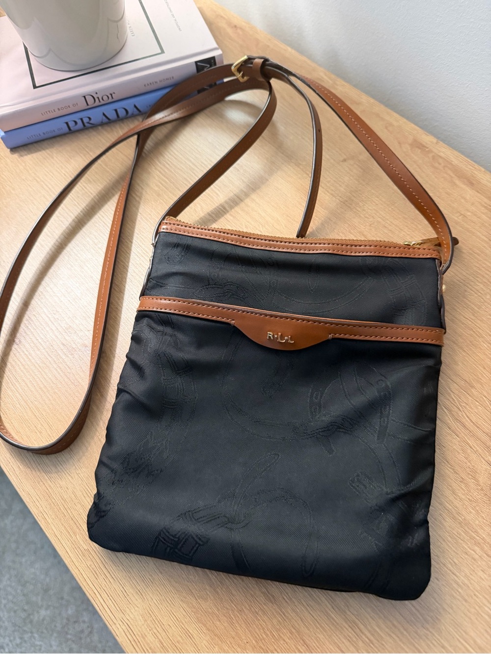 Ralph Lauren Black Cavalry nylon & Brown Leather Crossbody Bag